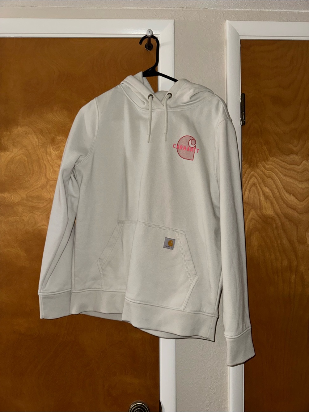 Carhartt Cream Hooded Sweatshirt with Pink Logo Print